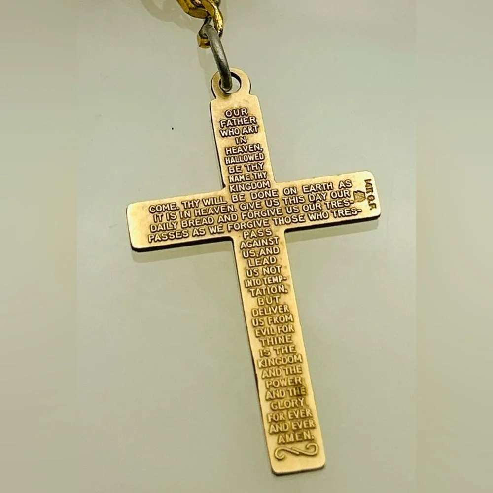 Vintage 24KT gold plated signed The Lords Prayer Cross Religious Necklace